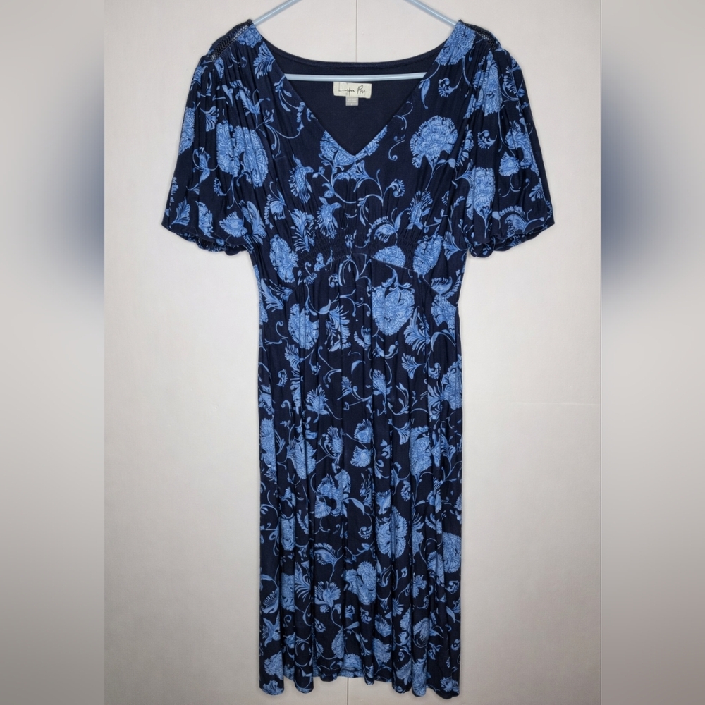 Harper Rose Blue Floral Midi Dress Size 8 Puff Sleeve Smocked Waist